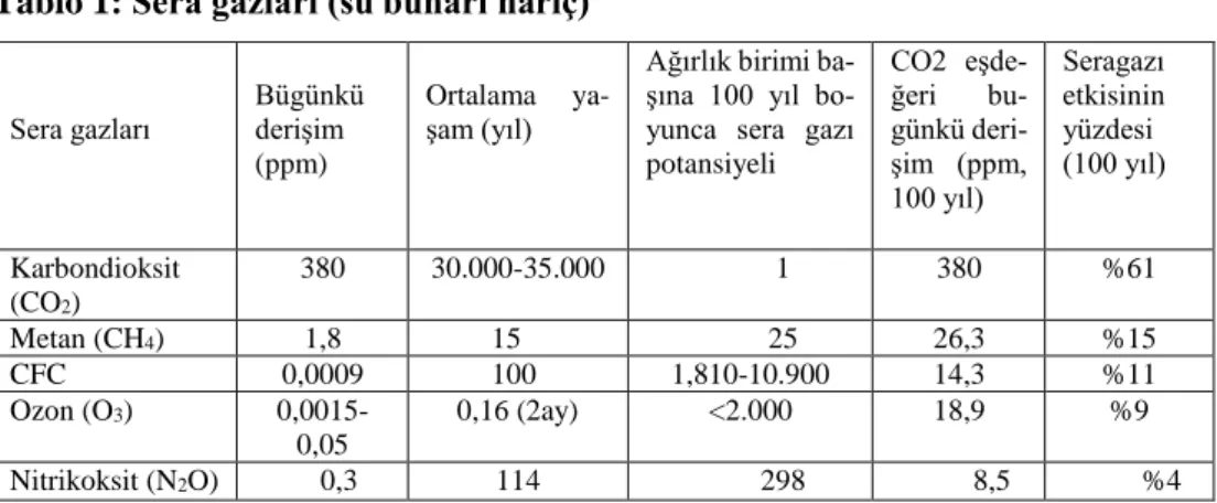 Tablo 1: Sera gazları (su buharı hariç) 