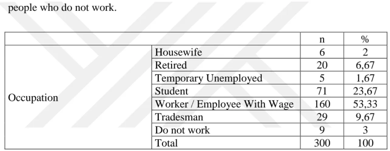 Table 5 presents the occupation of the survey respondents. According to this  table, the share of students in the whole sample is 23,67% while the share of workers  and  employees  with  wage  is  53,33%