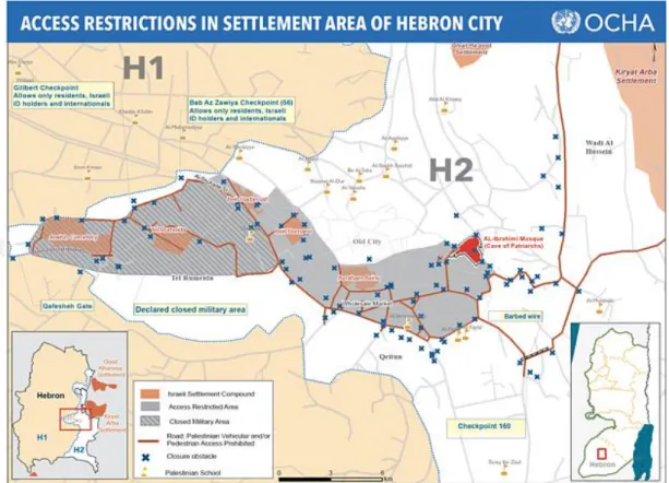 Şekil 2.2 Hebron şehrindeki yerleşim bölgelerindeki erişim kısıtlamaları ile ilgili 
