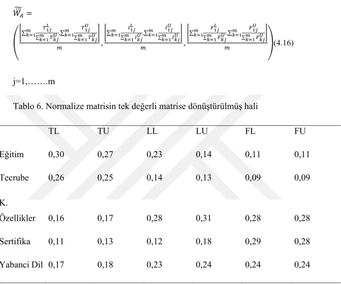 Tablo 6. Normalize matrisin tek değerli matrise dönüştürülmüş hali  