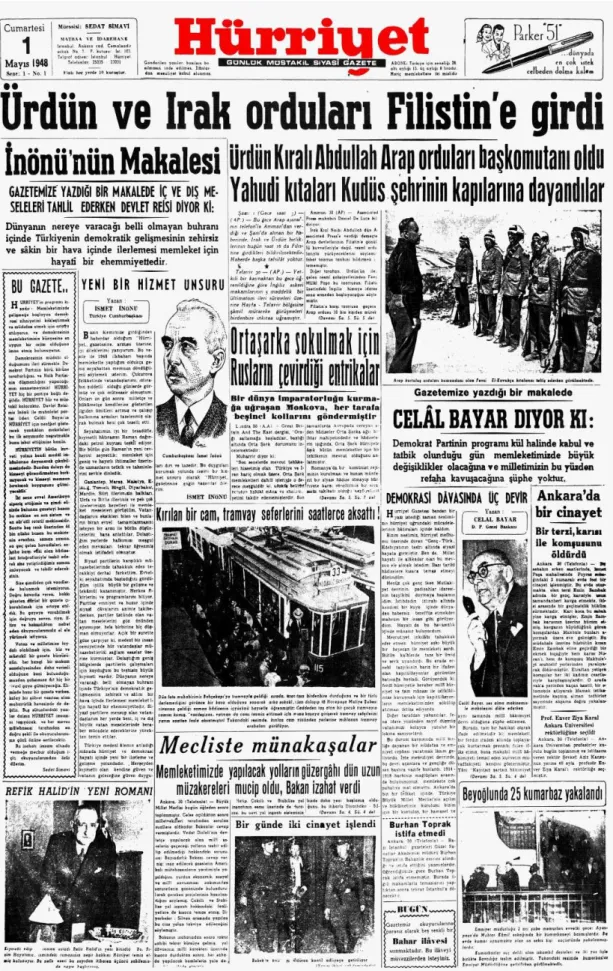Şekil  3.11:  Başbakan  İsmet  İnönü  ile  DP  Genel  Başkanı  Celal  Bayar’ın  yazılarının  yer  aldığı  “tarafsız  gazetecilik” anlayışı ile 1 Mayıs 1948 tarihinde yayımlanan ilk baskı birinci sayfa