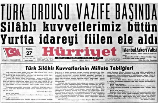 Şekil 3.12: 27 Mayıs 1960 İhtilali haberi ve Türk Silahlı Kuvvetlerinin Millete Tebliğlerinin  yer aldığı ilk sayfa