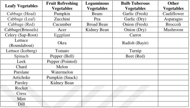 Table 13: The List of Vegetables are grown in Turkey  Source: TURKSTAT, 2017. 
