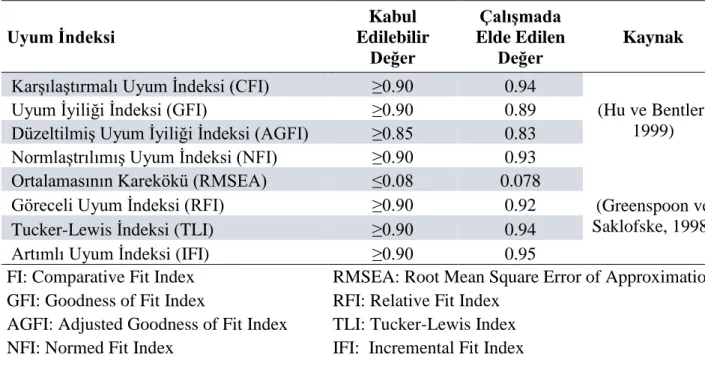 Tablo 4. DFA Sonucu Hesaplanan Uyum İndeksler 