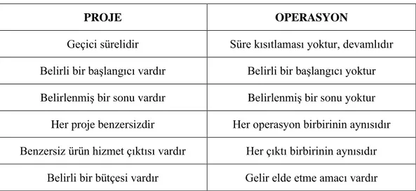 Tablo 1. Proje ve Operasyon Karşılaştırması 