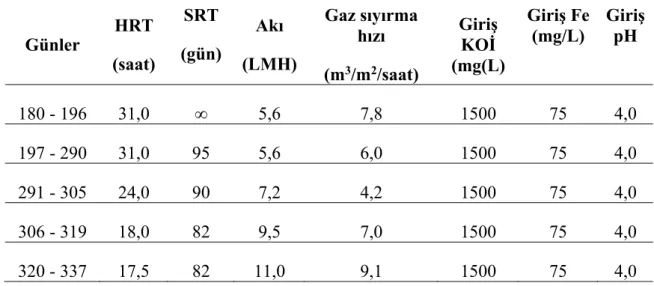 Tablo 7. 2 kat seyreltilmiş AMS ile beslenen AnMBR'ye ait işletim koşulları 