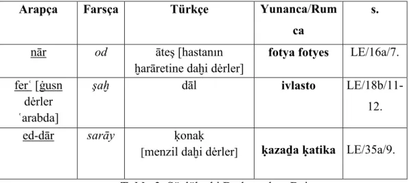 Tablo 3: Sözlükteki Derkenarlara Dair 