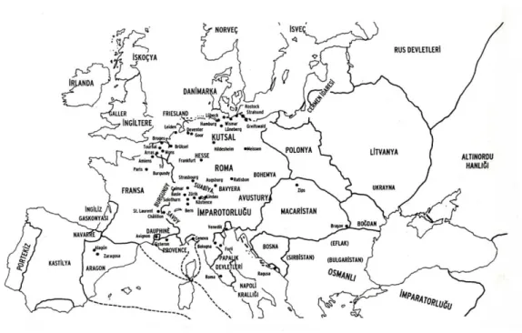 Şekil 9: 1417 dolaylarında Avrupa; 1407-27 arası Çingenelerin uğradığı yerler (Fraser, 2005, s