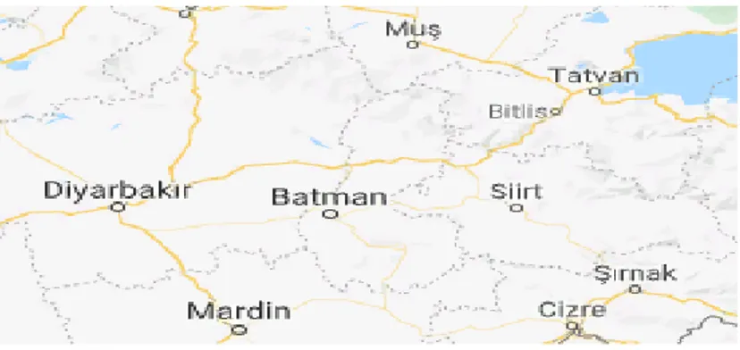 Şekil 12:  Batman ilinin haritadaki yeri (Türkiye Şehirler Haritası, 2019).