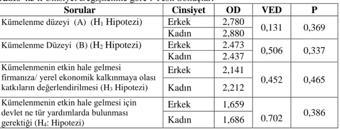 Tablo 4.34. Cinsiyet Değişkenine göre t-Testi Sonuçları 