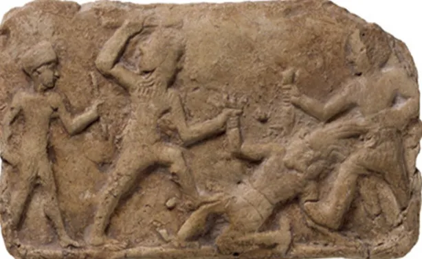 Şekil 1.4. Gılgamış ve Enkidu’nun Humbaba’yı Öldürdüğü Rölyef, M.Ö 2.000, Vorderasiatisches Müzesi,  Almanya 