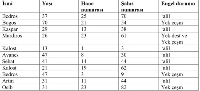 Tablo 7: 02714 Numaralı Deftere Göre 1842 Yılında Bayburt’ta Yaşayan Engelli  Nüfus 