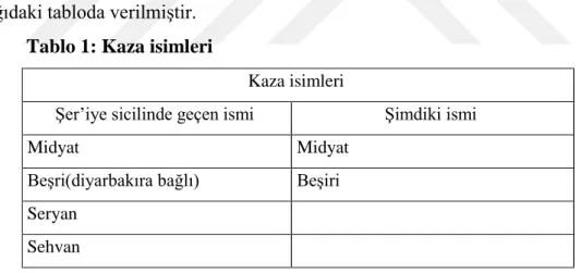 Tablo 1: Kaza isimleri 