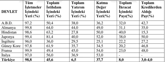 Tablo  17'de  seçilmiş  bazı  ülke  ekonomilerinde  KOBİ'lerin  önemini  gösteren  verilere  yer  verilmiş  olup  Türkiye'deki  KOBİ'lerin  durumuyla  ilgili  rakamlara  da 