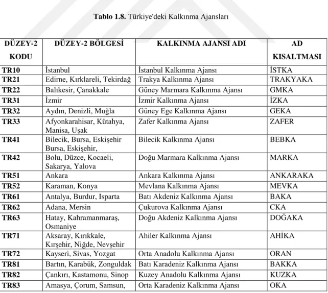 Tablo 1.8. Türkiye'deki Kalkınma Ajansları 