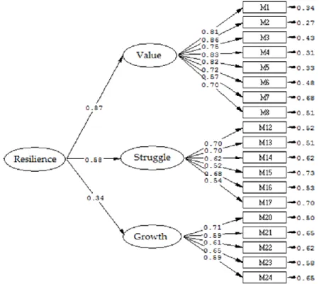 Figure 2 shows the hierarchical structure found in the second-level CFA. It was seen that value, struggle, and growth  factors were components of resilience