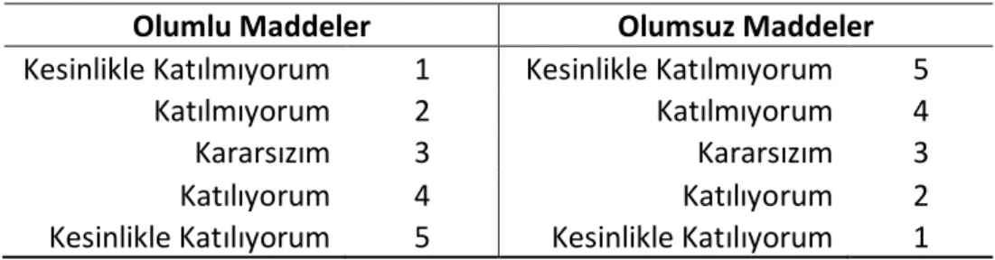 Tablo 3. Olumlu ve olumsuz maddelerin puanlamaları 