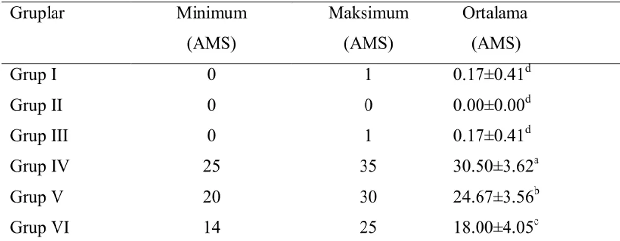 Tablo 3.5. 1,4 Dioksan ve yeşil çay uygulamalarının anormal metafaz sayısı (AMS)  üzerine etkileri  Gruplar  Minimum  (AMS)  Maksimum (AMS)    Ortalama     (AMS)  Grup I   0  1  0.17±0.41 d  Grup II  0  0  0.00±0.00 d  Grup III  0  1  0.17±0.41 d  Grup IV 