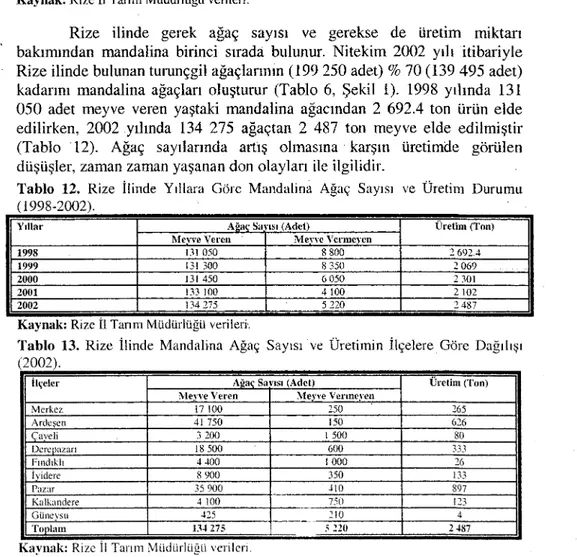 Tablo 12. Rize Ilinde Yillara Gore Mandalina Agac; Sayisi ve Uretim Durumu (1998-2002)
