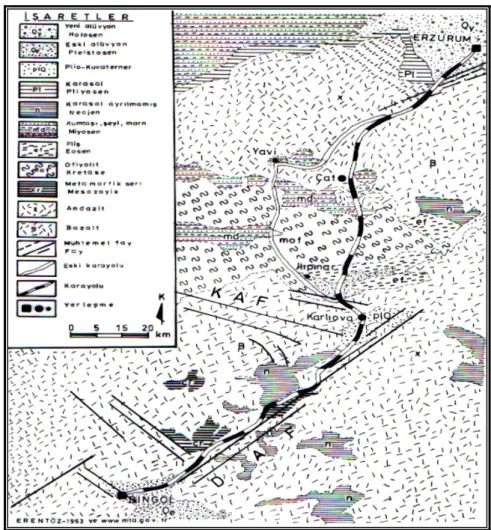 ġekil 3. Jeoloji haritası ( www.mta.gov.tr/deprem/bingol/bingol.asp).  D950  karayolu,  tektonik  yapı  bakımından  ülkemizin  en  hareketli  kuşağından geçmektedir