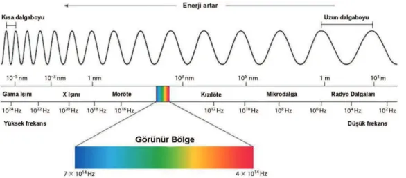 Şekil 2.14. Görünür spektrum çeşitli renkler için dalga boyu aralıkları dahil olmak üzere  elektromanyetik radyasyon spektrumu 