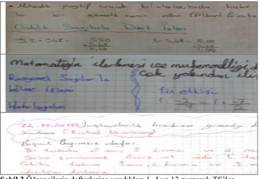 Şekil 3.Öğrencilerin defterlerine yazdıkları 1, 4 ve 13 numaralı TS’ler 
