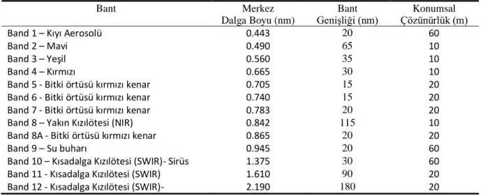 Çizelge 1. Sentinel- 2 uydularına ilişkin bilgiler.