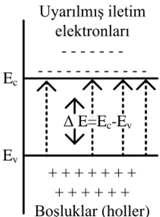 Şekil  1.1’de  verilen  grafikte,  E v ,  bağlı  elektronların  bulunduğu  valans  bandının sahip  olabileceği  en  yüksek enerji  seviyesi,  E c , serbest  elektronların  sahip  olabileceği  en  düşük  enerji  seviyesini  göstermektedir