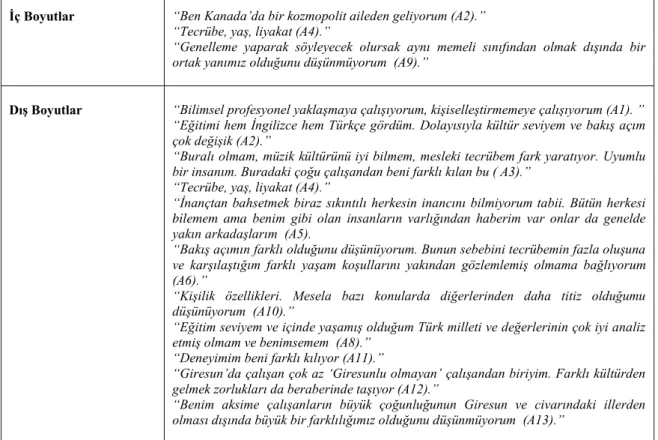 Tablo 3. Akademik personelin kendi farklılıklarına ilişkin görüşleri  İç Boyutlar  “Ben Kanada’da bir kozmopolit aileden geliyorum (A2).”  