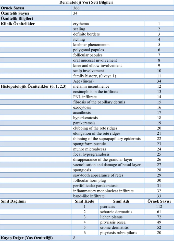Tablo 4.1. Dermatoloji veri seti bilgileri 