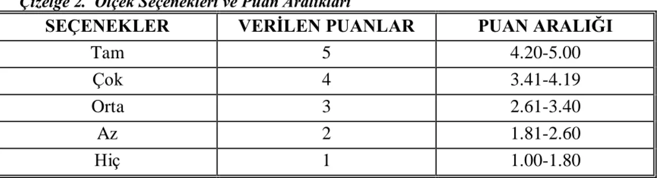 Çizelge 2.  Ölçek Seçenekleri ve Puan Aralıkları 