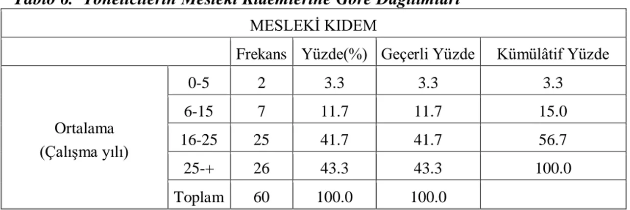 Tablo 6.  Yöneticilerin Mesleki Kıdemlerine Göre Dağılımları 