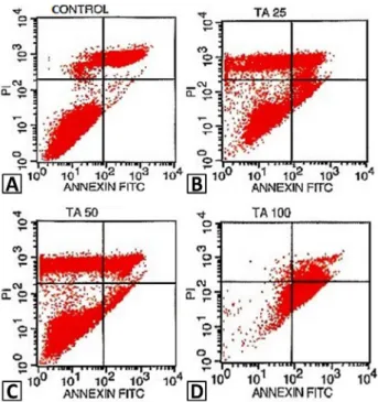 Fig. 3. Determination of cell percentage of early apoptosis  in cancerous LNCaP cells following TA application (A,  Control; B, 25 μM; C, 50 μM; D, 100 μM) for 48 h with  LNCaP
