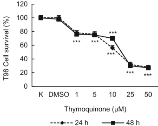 Fig. 1. Treatment of T98 cells with Nigella sativa oil for 24 and 48 hr.