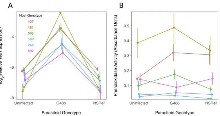 Fig 3. Humoral immune response of six Drosophila genotypes to two parasitoid genotypes