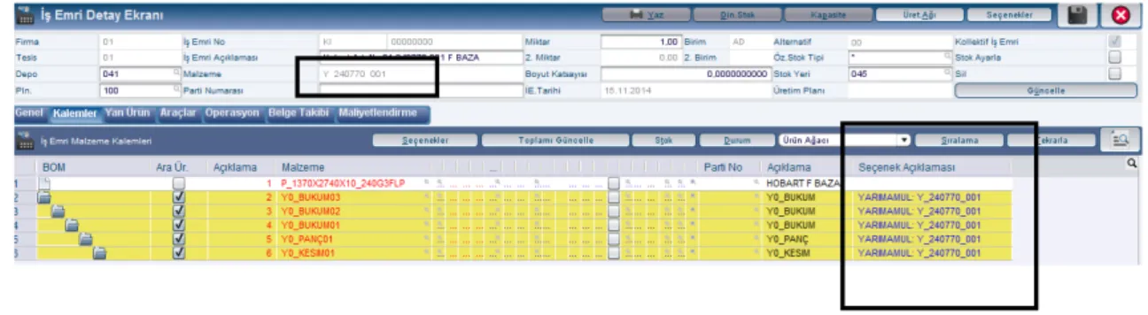 Şekil 7. İş Emri detay ekranı ile yarı mamul malzeme kartı olarak tanımlanan işlemlerin yarı  mamullerin kendileriyle eşleştirilmesi  