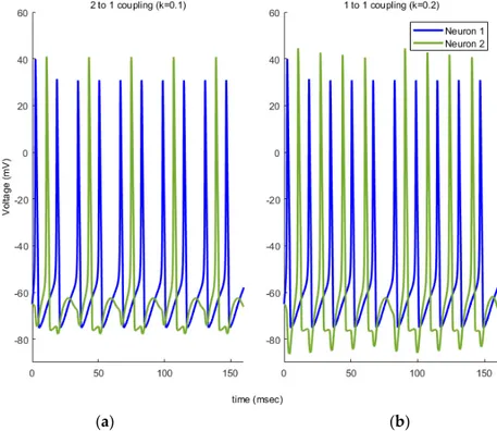 Figure 1. Sample spike patterns for two different network configurations: (a) 2 to 1 coupling and (b) 