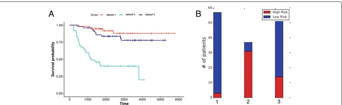 Fig. 5 Analysis of the clusters obtained with both RNA-seq and microarray datasets a Kaplan-Meier analysis (log-rank test p-value: 1e-10) b Distribution of low risk and high risk patients in identified clusters