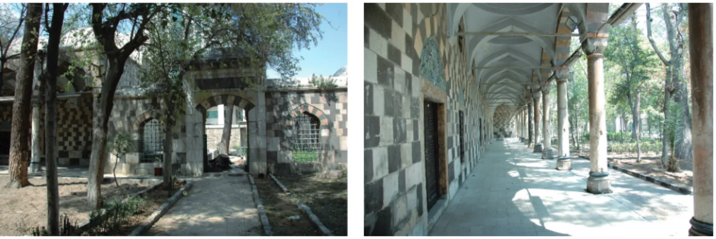 Figure 19. a) The eastern corner of Imaret  facing towards the courtyard and the door  leading to the rear courtyard, b) The facade  of Imaret facing towards the courtyard with  porticos, view from west to east, 2009
