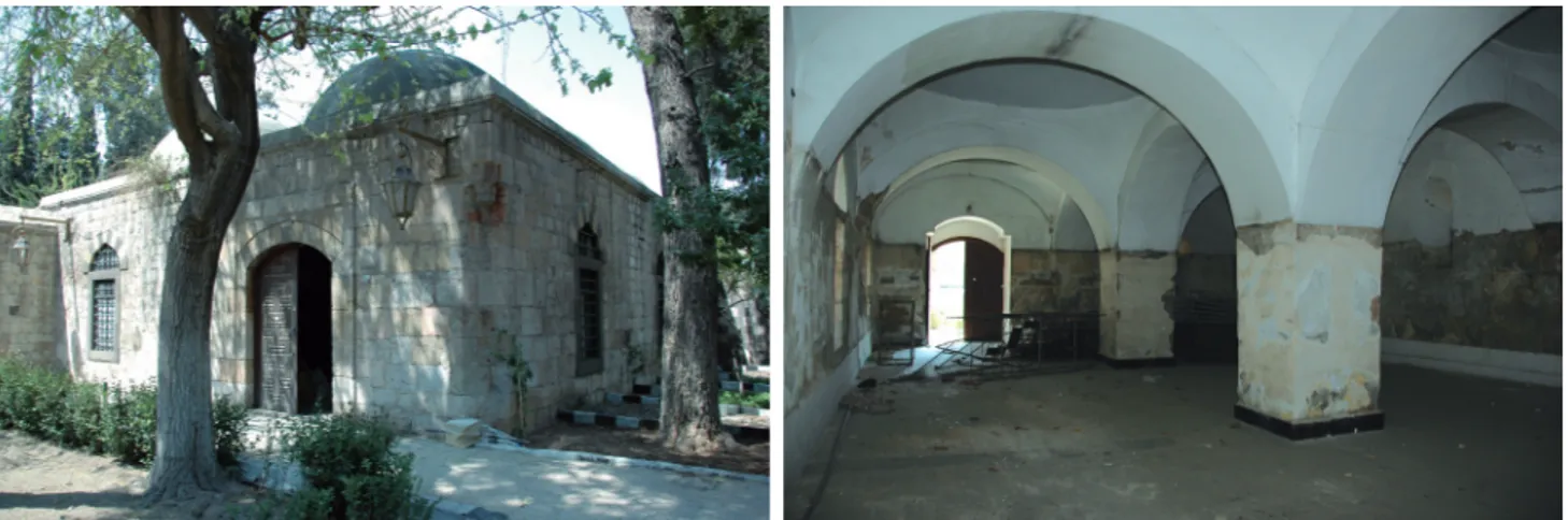 Figure 21. a) The courtyard entrance of  Caravanserai block in the west of Imaret,  view from south-eastern corner, b) View  of the main entrance from the inside of  Caravanserai block in the west of Imaret;  windows faced to the courtyard on the left  sid
