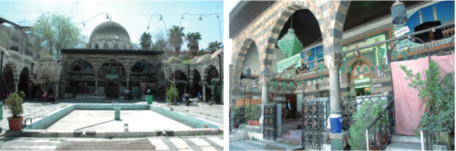 Figure 22. a) View of the Classroom of  Madrasa and the pool at the courtyard from  the entrance, b) View of portico in front of  the Classroom from west, 2009.