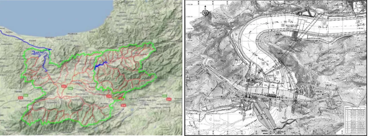Figure 3. Melen Dam basin (left) and its general plan (right) 