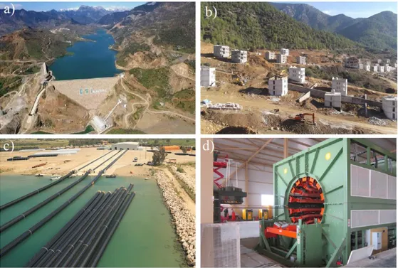Figure 4. Some of construction features of Turkish side of CWSP project a) Alaköprü Dam, b) construction of 
