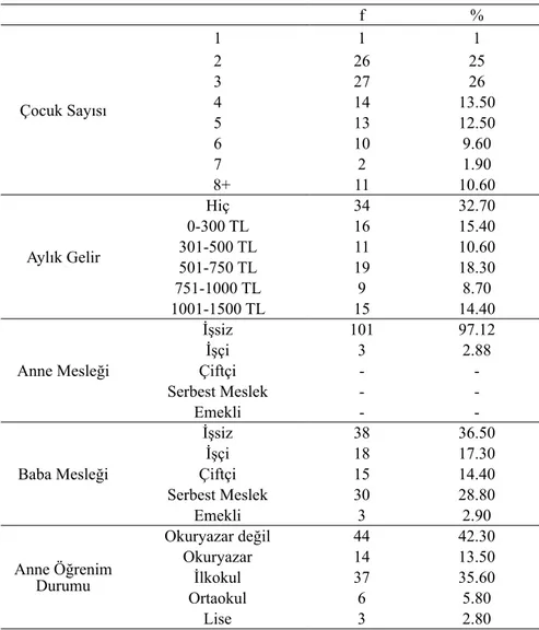 Tablo 1. Dezavantajlı Ailelerin Sosyo-Ekonomik Özellikleri (N=104)