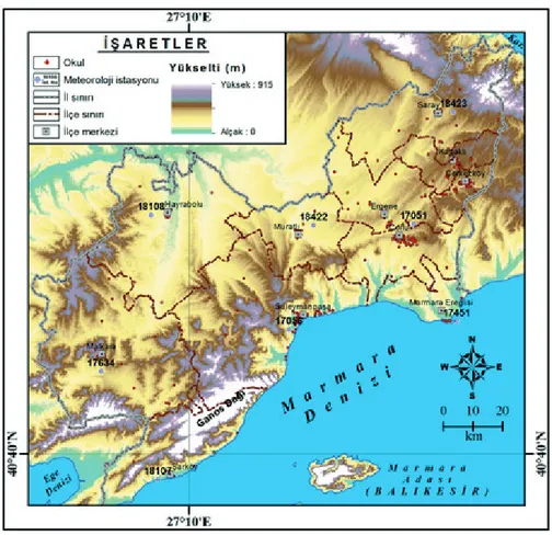 Şekil 2. Araştırma alanındaki meteroloji istasyonları okulların dağılış haritası