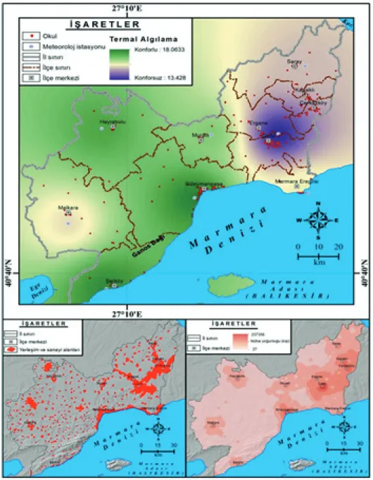 Şekil 3. Araştırma alanının biyoklimatik konfor analizi, yerleşim ve sanayi alanları ile nüfus yoğunluğu dağılış haritaları Çok az serin termal algılamanın egemen olduğu araştırma alanında, daha çok konforsuz (0) düzeyde (% 51) biyoklimatik konfor  sınıfla