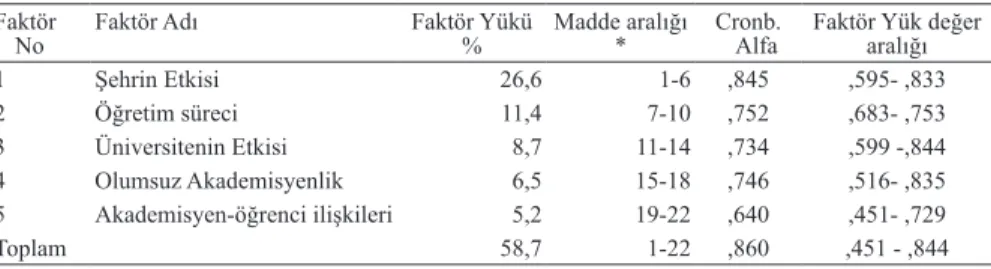 Tablo 2. Faktörlerin adları, yükleri ve Cronbach Alfa güvenirlik katsayıları Faktör 