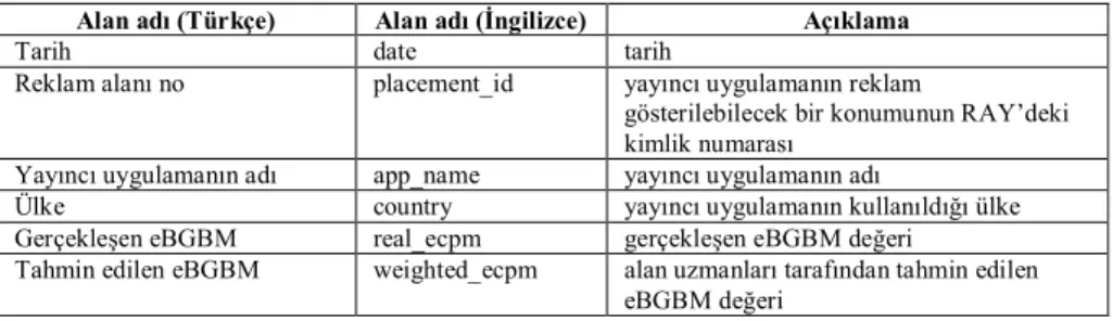 Tablo 1. eBGBM değerlerinin ve bağlantılı verilerin saklandığı alanlar ve açıklamaları 