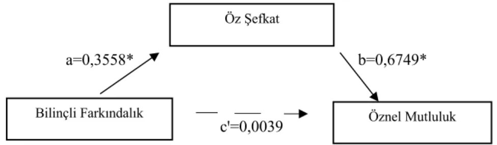 Şekil  2’de  bilinçli  farkındalığın  öznel  mutluluğu  0,05  düzeyinde  istatistiksel  olarak  anlamlı  bir  şekilde  (β=0,244;  t=3,496;  P&lt;0.05)  yordadığı  görülmektedir