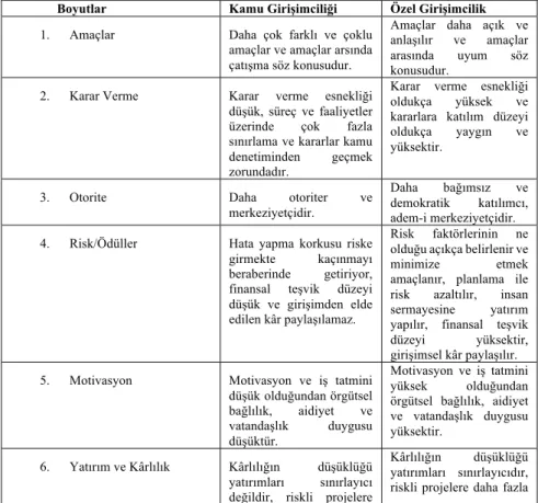 Tablo 1: Kamu- Özel Sektör Girişimciliği Farkı 